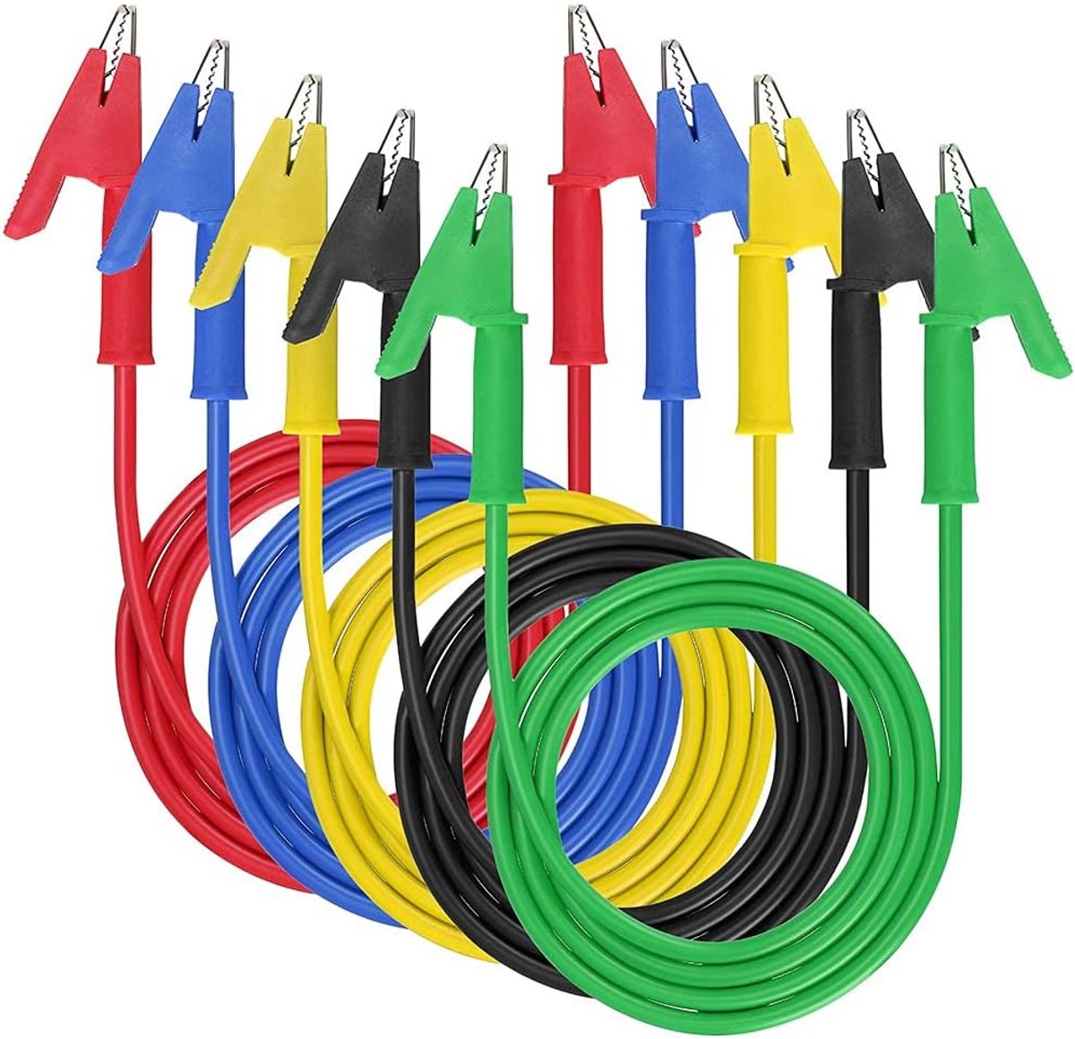 Krokodillenklemmen Set Voor Elektrische Meetsnoeren, 15A Doorverbindingsdraden, Robuust met Beschermende Koperen clips, PVC-siliconenkabels, Experiment, 5kleuren, 100cmlengte