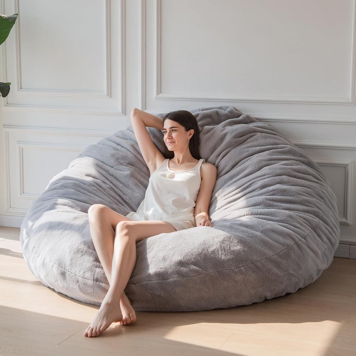 Zitzakbed in grijs, vierkante stoelbank met pluizige pluche hoes en vulling - ideaal voor volwassenen, koppels en gasten - groot formaat 180 x 180 cm