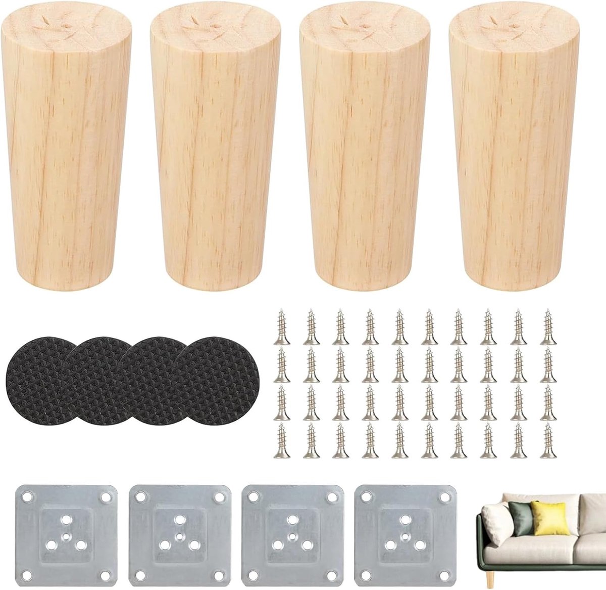 Poten van hout, 4 stuks, conisch houten tafelpoten, vervanging van meubelpoten, houten tafelpoten voor bank, bed, kast, stoel, tafel, 8 cm, houtkleur