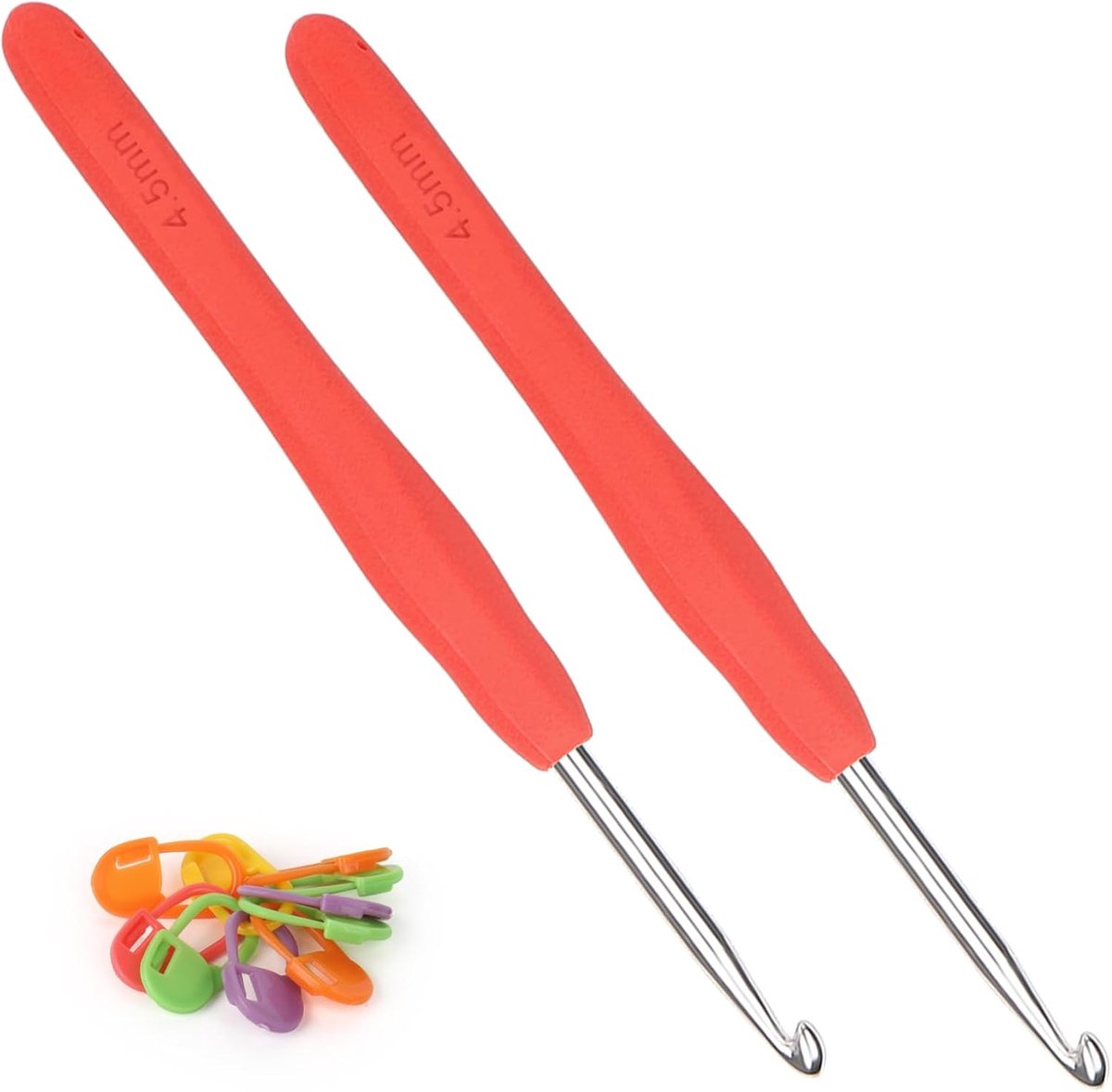 Haaknaalden 4,5 mm, 2 stuks metalen haaknaalden, ergonomische haaknaald met zachte grip voor artritische handen, TPR-greep, haaknaalden voor beginners en professionals, comfortabele haaknaald