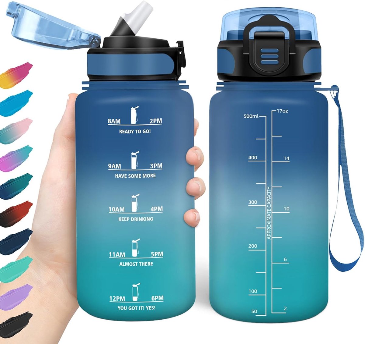 Drinkfles, 500 ml, lekvrij, BPA-vrij, motiverende drinkfles met tijdmarkering, drinkfles met rietje, voor kinderen, fiets, fitness, school, kantoor