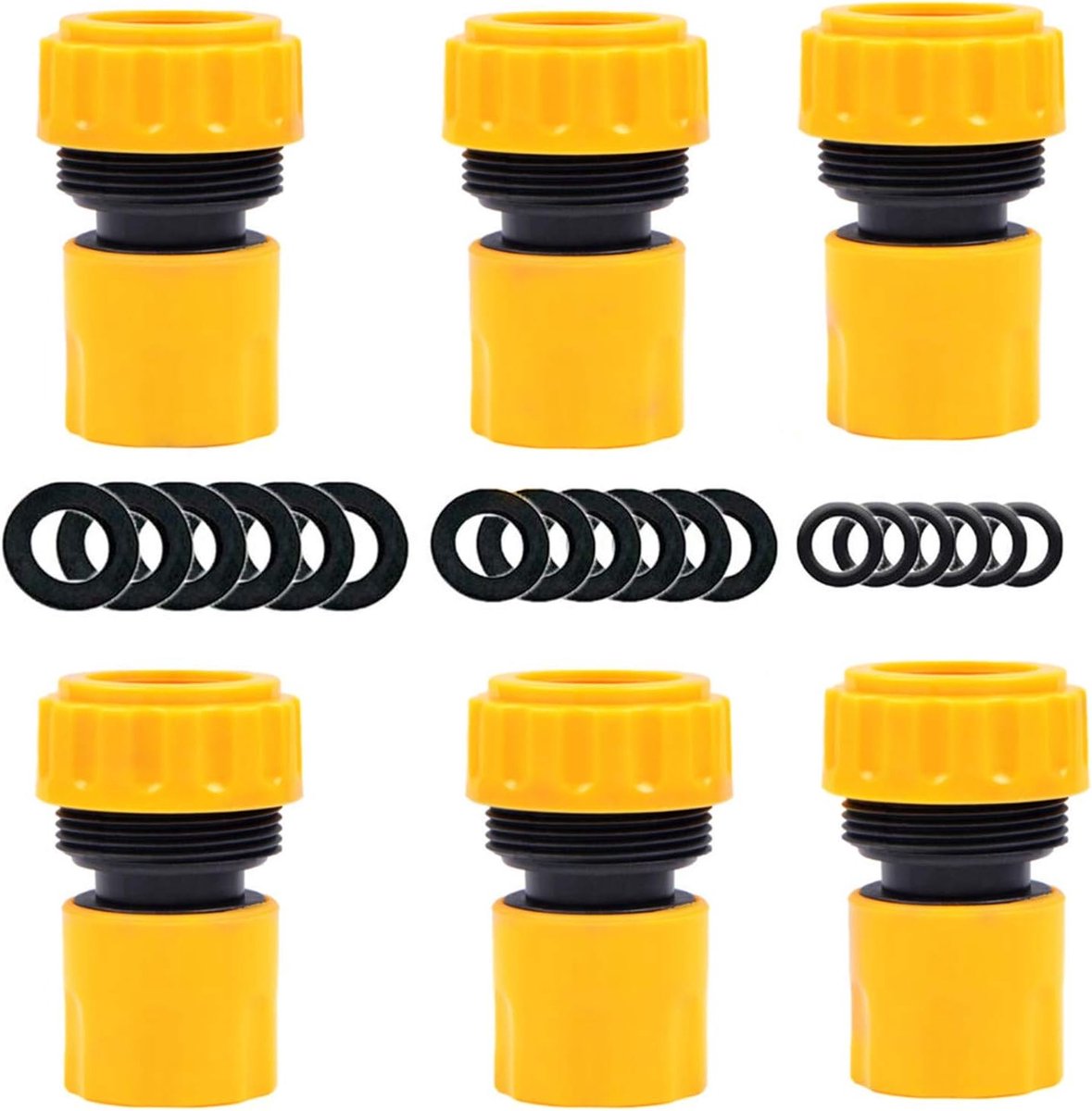 Set van 6 slangeindconnector - slanguiteinde snelkoppelingsfitting voor 19 mm 3/4 inch slangkraanuiteinde snelkoppeling (wordt geleverd met 18 stuks vervangende afdichtingsringen)