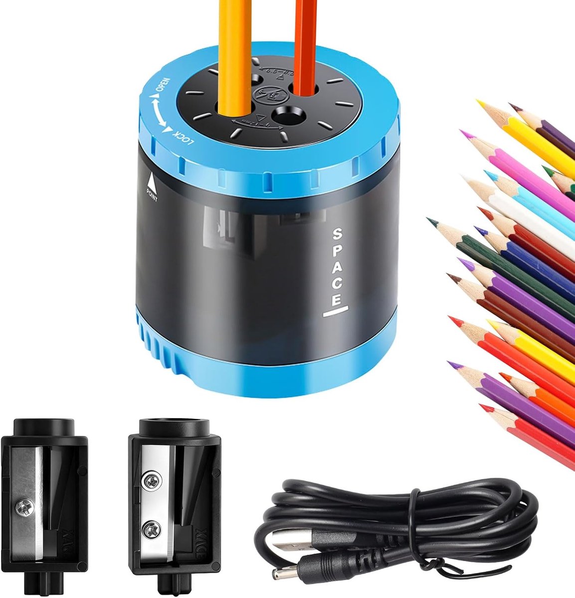 SnelShoppen - Elektrische Potloodslijper voor Kinderen, Automatische Potloodslijper met 4 Gaten, 6-12 mm, Dubbele Voeding voor Kantoor en School