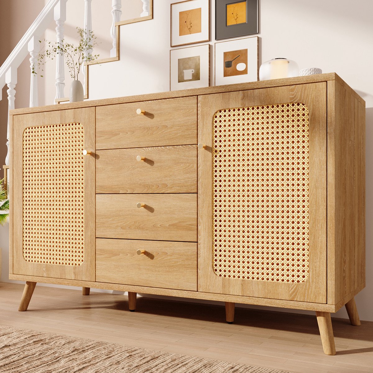 MEUNIQ dressoir 140 x 40 x 86 cm met 4 lades en 2 deuren, verstelbare planken, sideboard kast voor woonkamer, eetkamer of hal in licht eiken met rotanlook