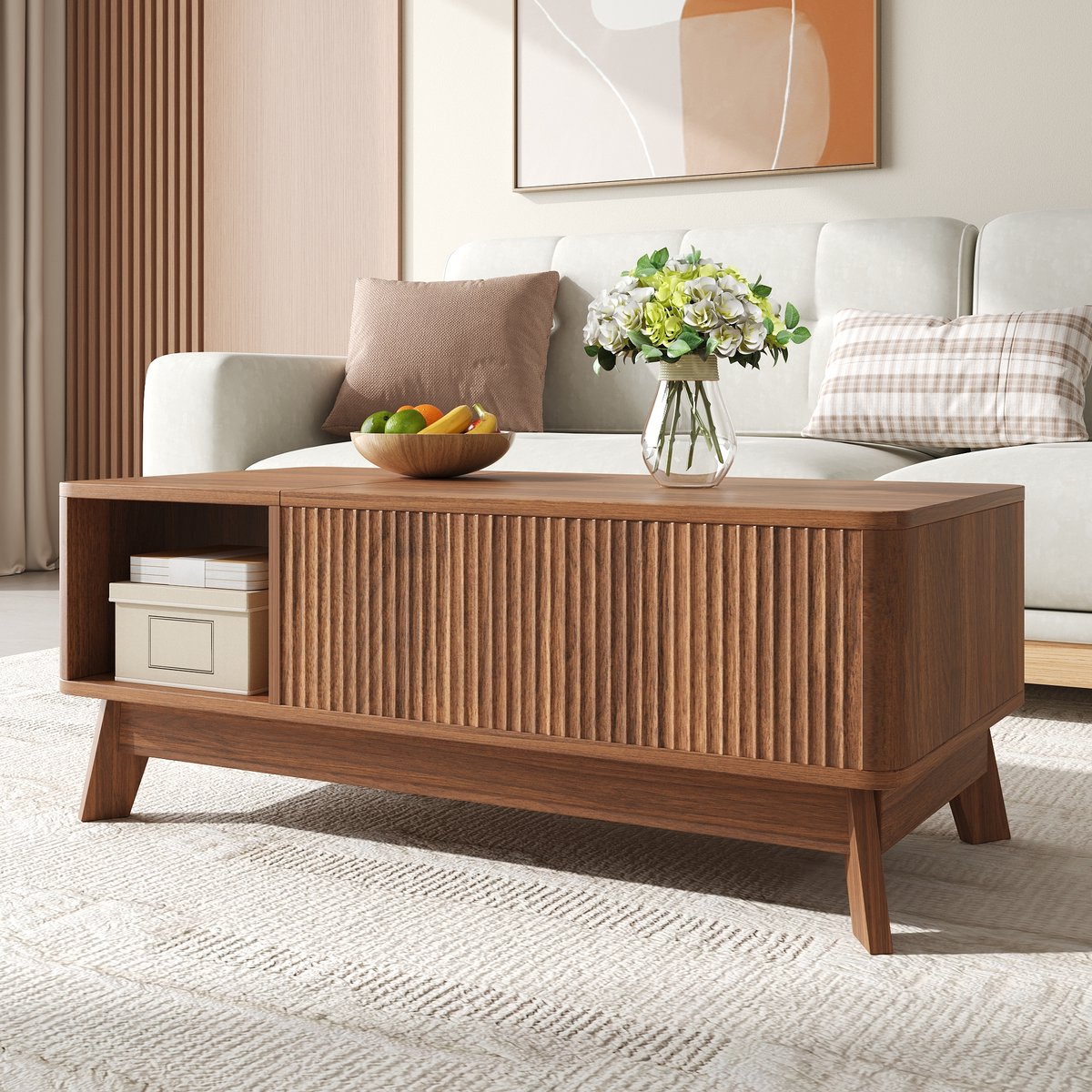 HAUSS SPOLE Salontafel - Hefbaar Tafelblad Met Verborgen Opbergruimte - Voor Woonkamer En Werken - MDF - 95x48x50 Cm - Walnoot
