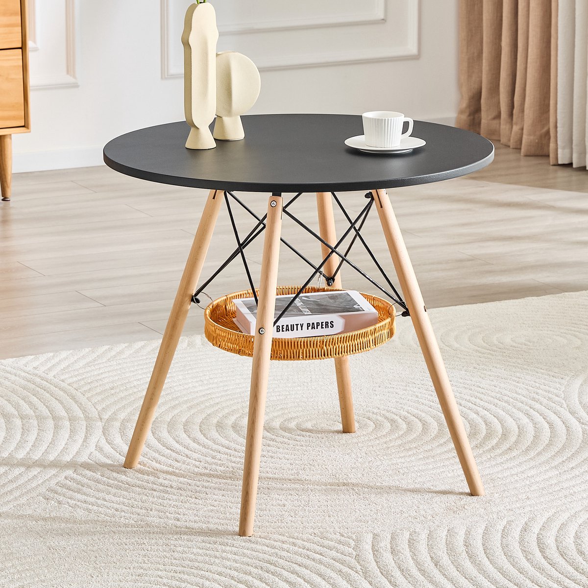 HAUSS SPOLE Ronde Eettafel - Compact Met Opbergmand - Voor Eethoek Balkon Of Werkkamer - Hout En MDF - 80 Cm - Zwart Zwart En Houtkleur