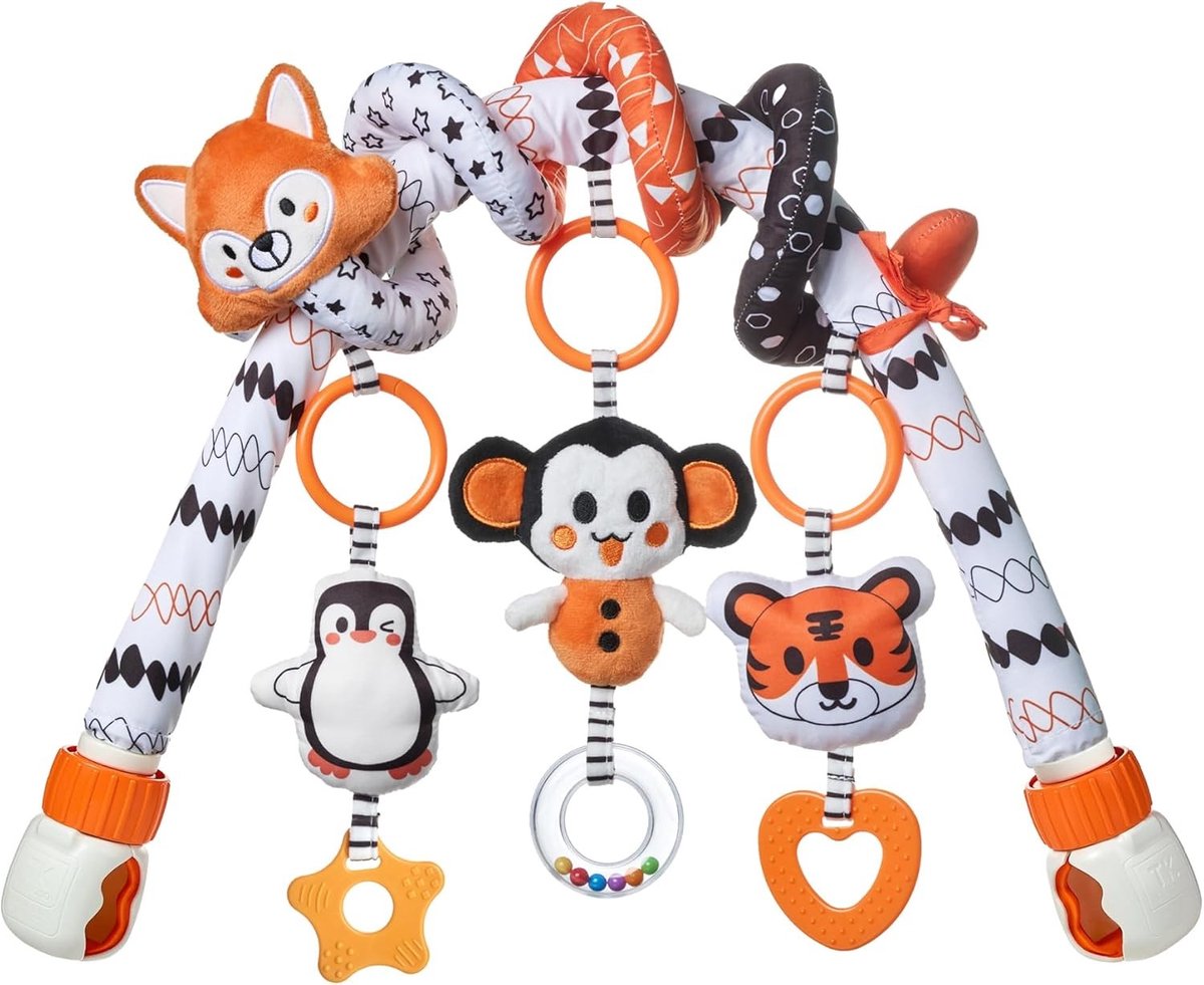 2-in-1 Speelboog met Babywieg, Fox Spiraal Speelgoed voor 0-9 Maanden, Activiteitsspeelgoed voor Autostoel en Pluche Dier voor Achterbank