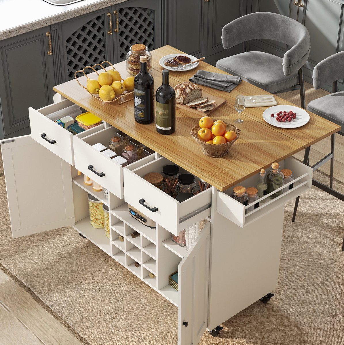 MEUNIQ Keukenwagen 104 x 39,5 x 91,5 cm met opklapbaar werkblad, 3 lades, 2 kastdeuren, wijnrek, open vakken, kruidenrek en handdoekhouder, wit
