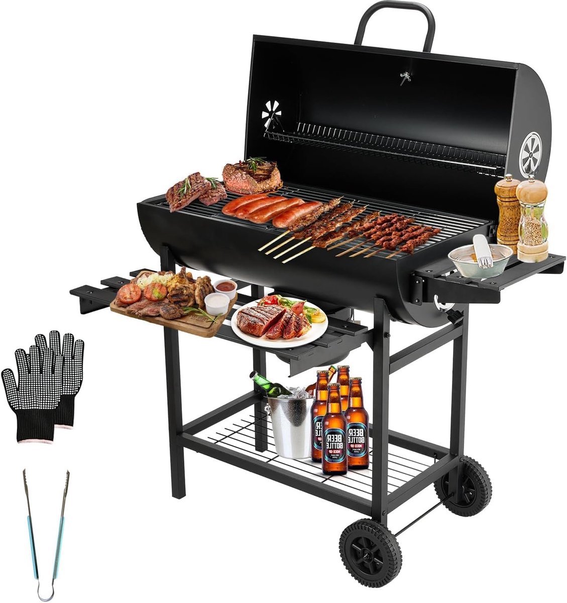 SnelShoppen - XXL TEENO Houtskool Grill met Thermometer, Vuurvaste Handschoen, Aslade, Verstelbare Basis voor Tuin, Camping en Feestjes