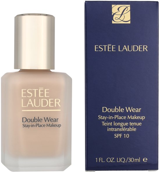 Estée Lauder Double Wear foundation flesje en bijpassend marineblauw doosje met gouden letters.