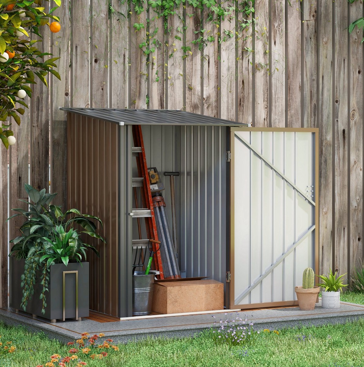 MEUNIQ stalen gereedschuur 100 x 103 x 160 cm met pultdak en afsluitbare deur, tuinschuur voor balkon, terras of tuin, 0,92 m², bruin