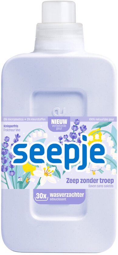Seepje wasverzachter knisperfris in lila fles, met bloemenlabel.
