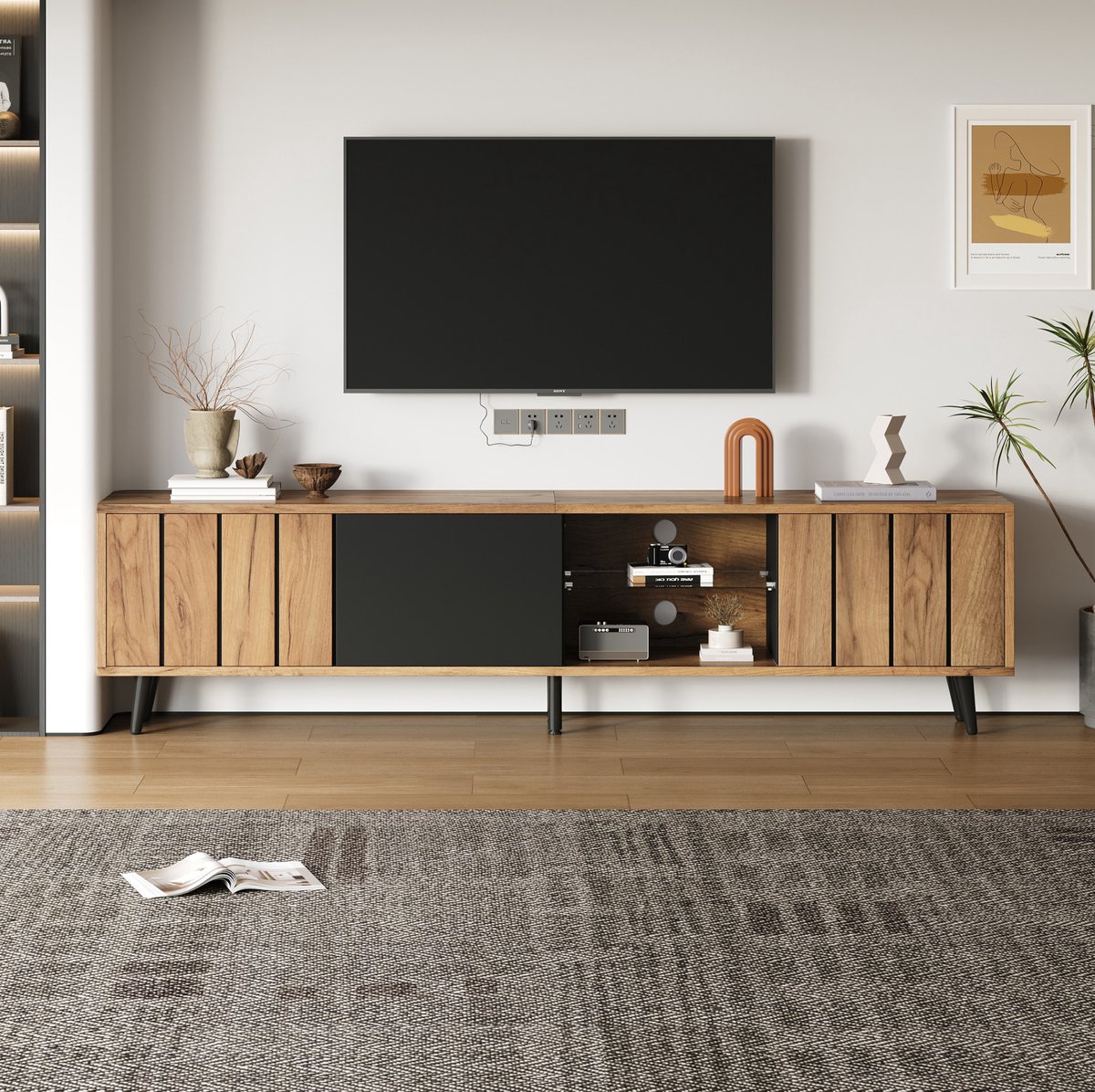 MEUNIQ TV-meubel 175 x 31,5 x 45 cm met 3 deuren, halfopen dubbel vak met glazen scheidingsplank, lowboard voor woonkamer, geschikt voor tv tot 75 inch, naturel en zwart