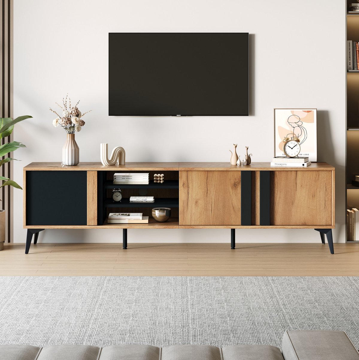 MEUNIQ TV-meubel 180 x 40 x 50 cm met 3 deuren, 4 open vakken en kabeldoorvoer, lowboard voor tv tot 80 inch, woonkamer, zwart en bruin