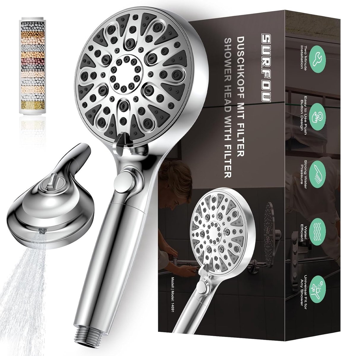 Krachtige Doucheset met Limescale Filter en Waterbesparing, 8+2 Stralen voor Optimale Wate