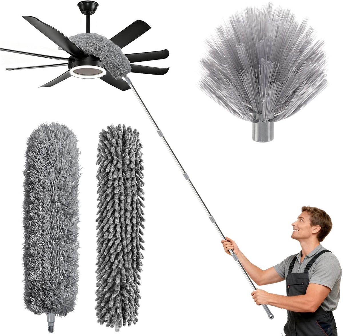 Telescoop Stofdoek Set - Vezel en Chenille - Uitschuifbaar tot 6 Meter - Herbruikbaar en Wasbaar - Voor Binnen en Buiten