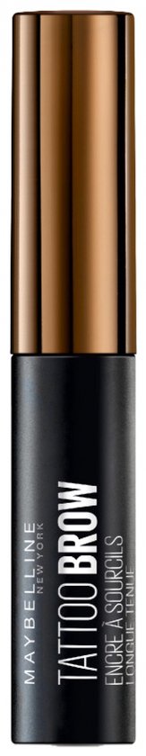 Tube Maybelline Tattoo Brow avec capuchon bronze brillant et base noire.