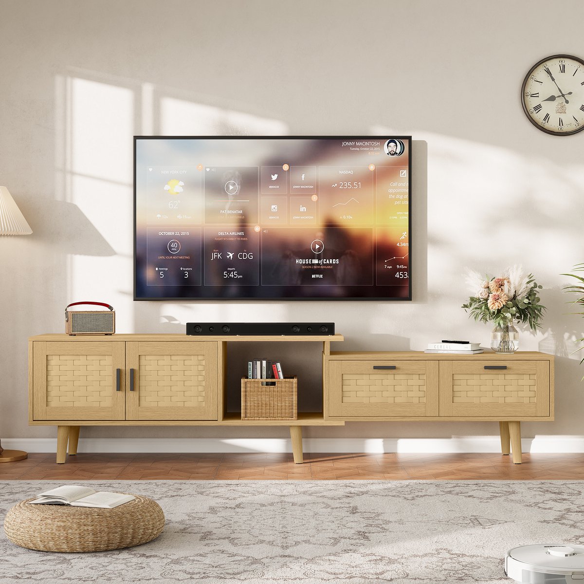 Uitschuifbaar TV Meubel 146-180 cm – Hout met Rotan Front – TV Kast met Lades en Deuren – Landelijk Design
