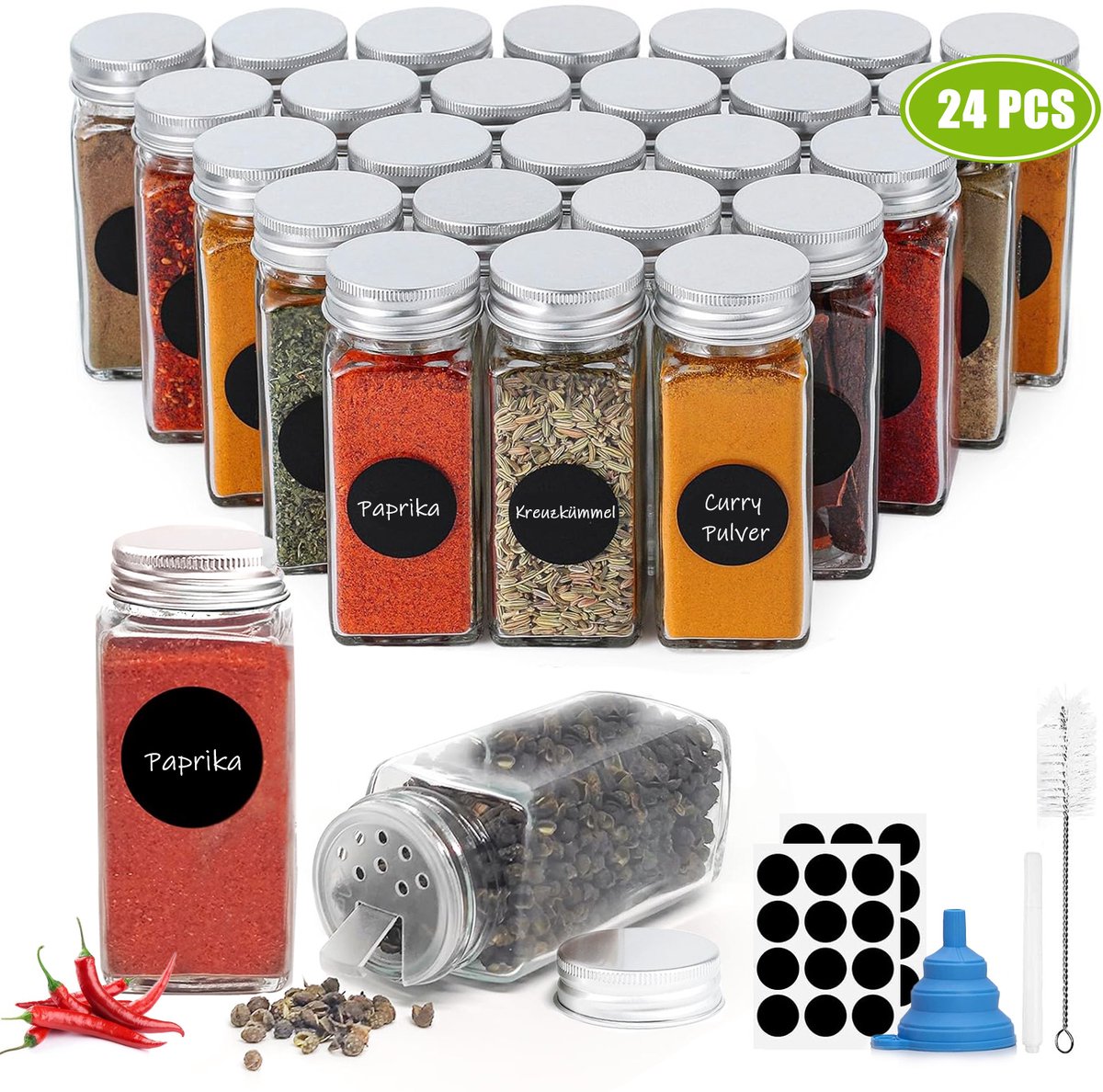 DAITORE - 24 Glazen Kruidenpotjes Vierkant - 120 ml - met 2 Soorten Strooideksels - Kruidenstrooier - Complete set incl Stickers, Krijtstift, Vultrechter en Accessoires
