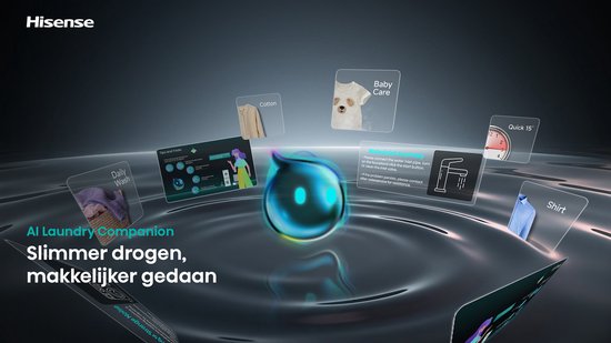 Hisense AI Laundry Companion: slimmer drogen, makkelijker gedaan. Vele wasprogramma's waaronder Baby Care, Cotton, Daily Wash en Shirt.