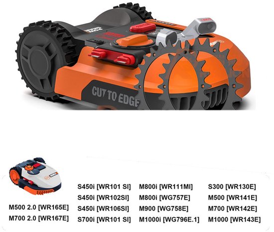 Oranje en zwarte grasmaaier robot met 'CUT TO EDGE' tekst, vier wielen en oranje bedieningsknoppen.