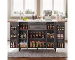 MEUNIQ mobiele keukeneiland op wielen 136 x 70 x 92 cm met uitschuifbaar werkblad, 2 lades,…