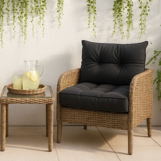 Brugge rotan fauteuil met een dik zwart zit- en rugkussen. Een karaf met limonade en glazen staan op een bijzettafel.