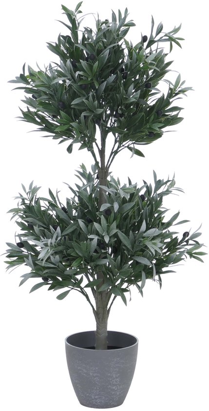 Twee-laagse kunstolijfboom met groene bladeren en zwarte olijven, in een grijze pot.