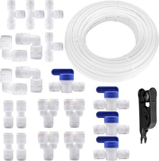 Universele Aansluitset voor Waterleiding, 20 m Fridge Slang, 20 Stukken, RO Waterfilter Aansluitconnector voor 1/4 Inch Water Slang met Afsluitventiel en Accessoires