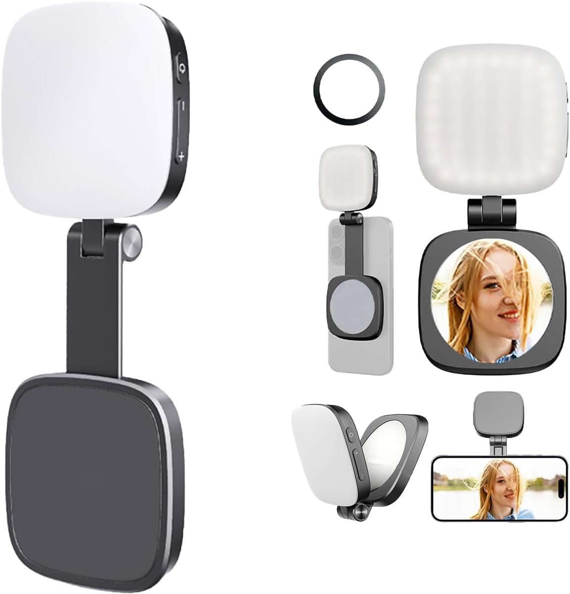 LISM-Deze 360° draaibare magnetische selfielamp met spiegel is compatibel met diverse mobiele telefoons, waaronder iPhones, en kan invullicht bieden bij weinig licht.