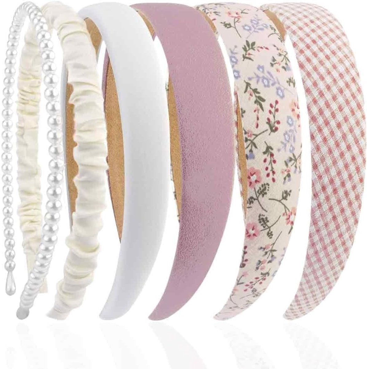 Set van 6 Haarbanden voor Vrouwen met Satijnen Bloemen en Kralen - Modieuze Haaraccessoires voor Meisjes en Dames