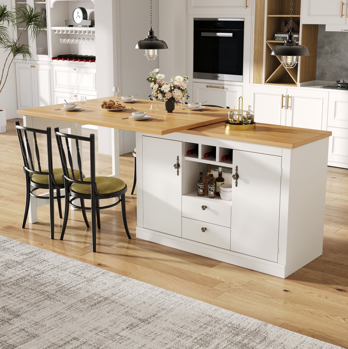 MEUNIQ uitschuifbare bartafel 120-180 x 40 x 76 cm met opbergruimte, wijnrek en verstelbare vakken, bartafel en eettafel voor woonkamer, eetkamer of thuiskantoor, naturel en wit
