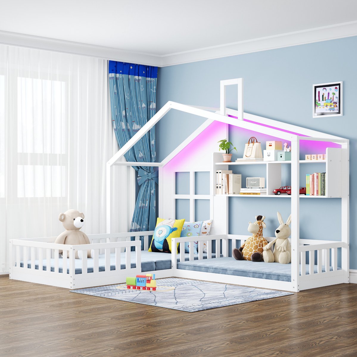 MIVRAY Kinderbed 90x200 cm - Huisbed Met LED Verlichting en Opbergrekken - Zonder Matras en Met Veiligheidshekje - Hout en MDF - Wit