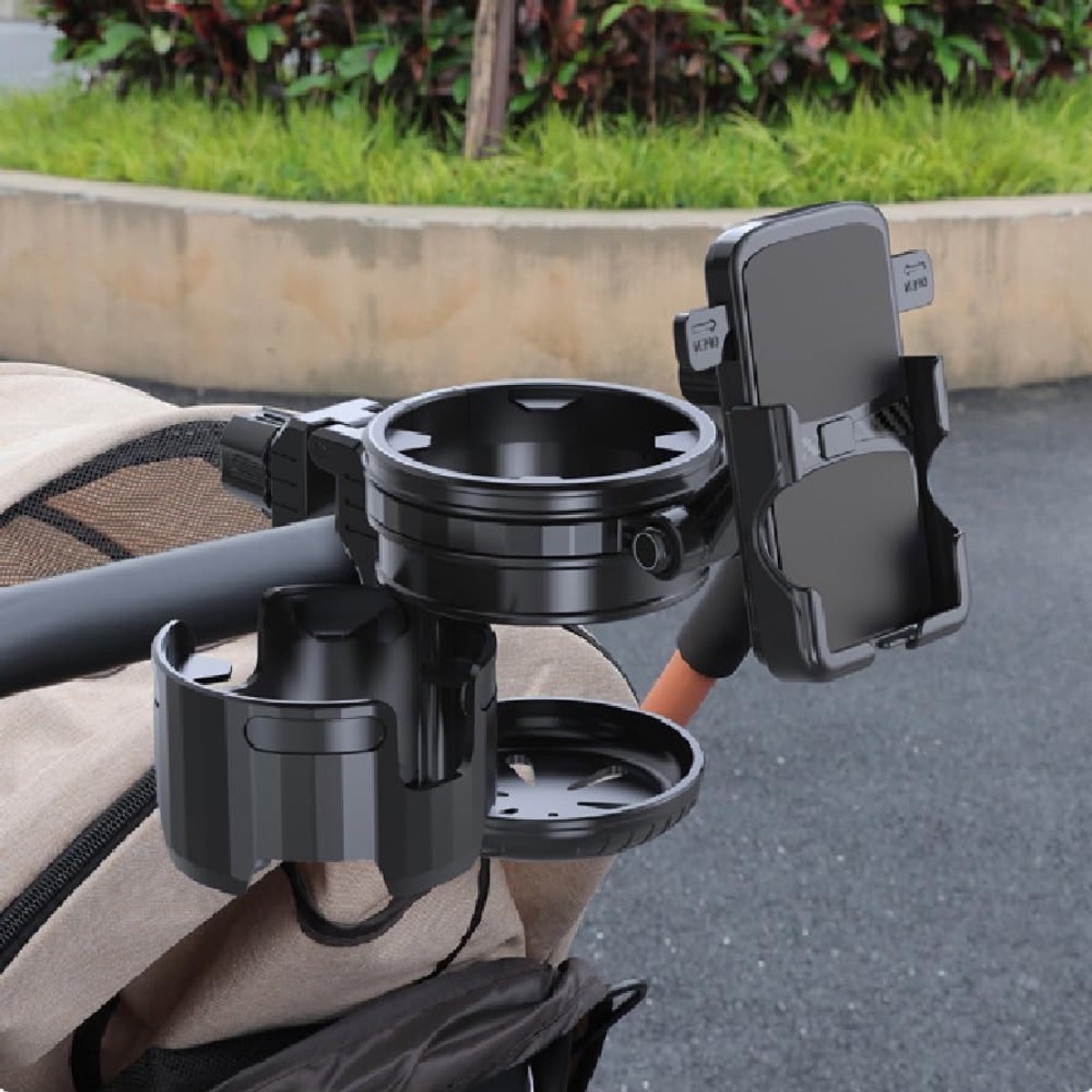 3-in-1 Kinderwagenhouder voor Bekers en Telefoons, Multifunctionele Accessoire voor Kinderwagens, Duwstoelen en Rolstoelen, Antislip en Eenvoudige Installatie