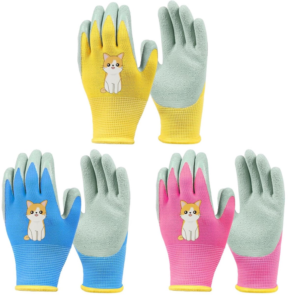 3 Paar Kinderen Tuinhandschoenen - Ademend, Antislip en Rubber Werkhandschoenen voor Buiten, Perfect voor Tuinieren en Planten (Kat, 8-10 Jaar)