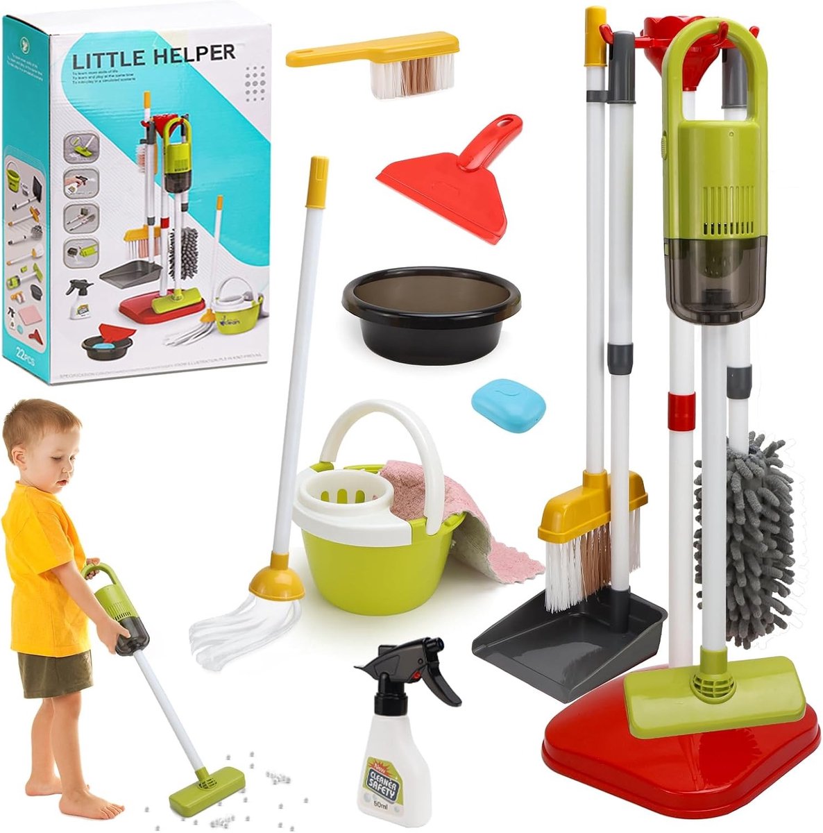 Complete schoonmaakset voor kinderen met stofzuiger, bezem en geluidseffecten - 14-delig, geschikt vanaf 2 jaar, ideaal voor rollenspel en creatief leren
