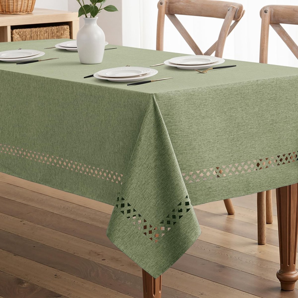 Linnen Tafelkleed 140 x 260 cm Rechthoekig Waterdicht en Vlekbestendig Elegant Ontwerp voor Keuken, Tuin en Feestelijkheden, Groen