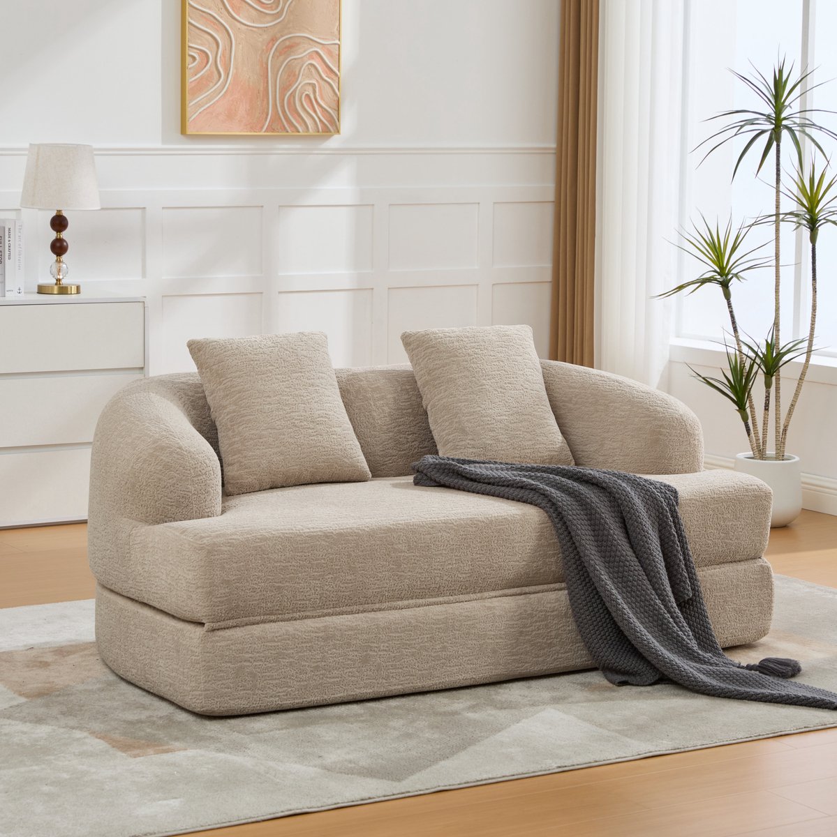 MODENUIT Slaapbank 157 cm - Uitklapbaar 2-Zits Met 2 Kussens - Voor Gastenkamer En Woonkamer - Chenille - Khaki