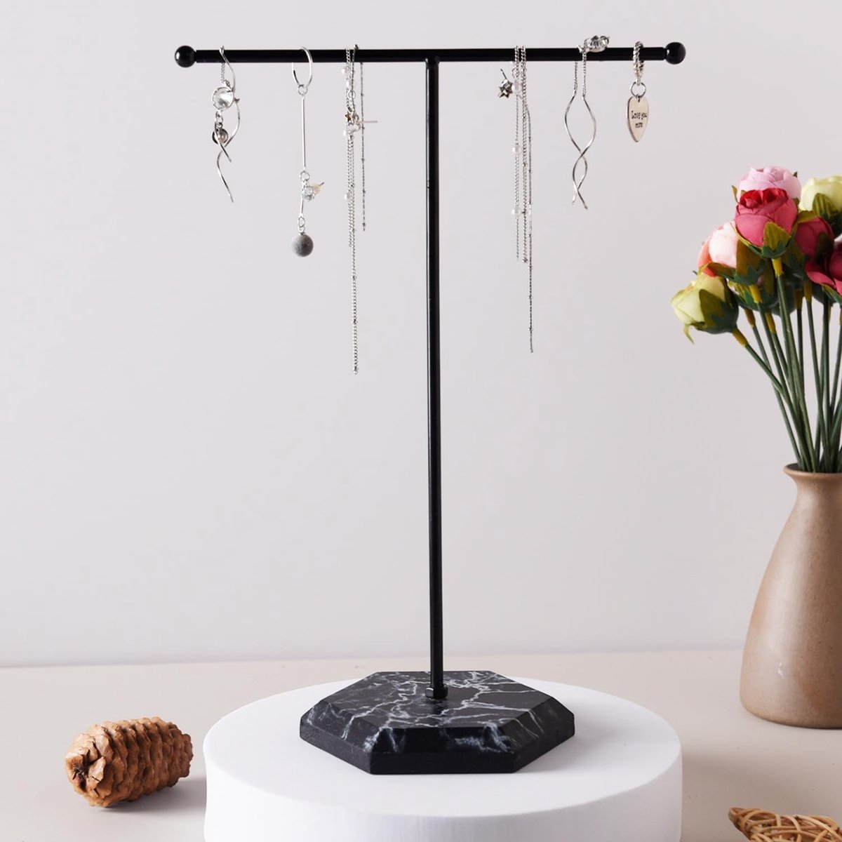 Sieraden Organizer met T-Bar Display, Earring Holder en Marmeren Basis voor Armbanden, Ringen en Sleutels