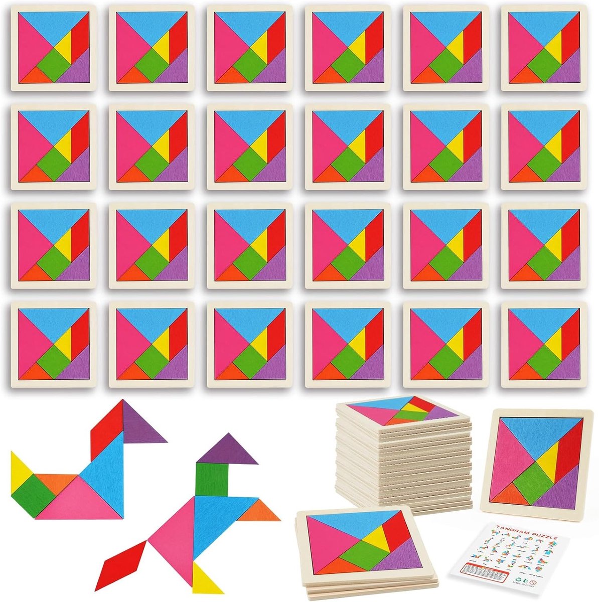 24 Stuks Tangram Puzzels voor Kinderen, Houten Bouwstenen Spel, Educatief Montessori Speelgoed voor 3+ Jaar, Creatieve Denkspelletjes voor Jongens en Meisjes
