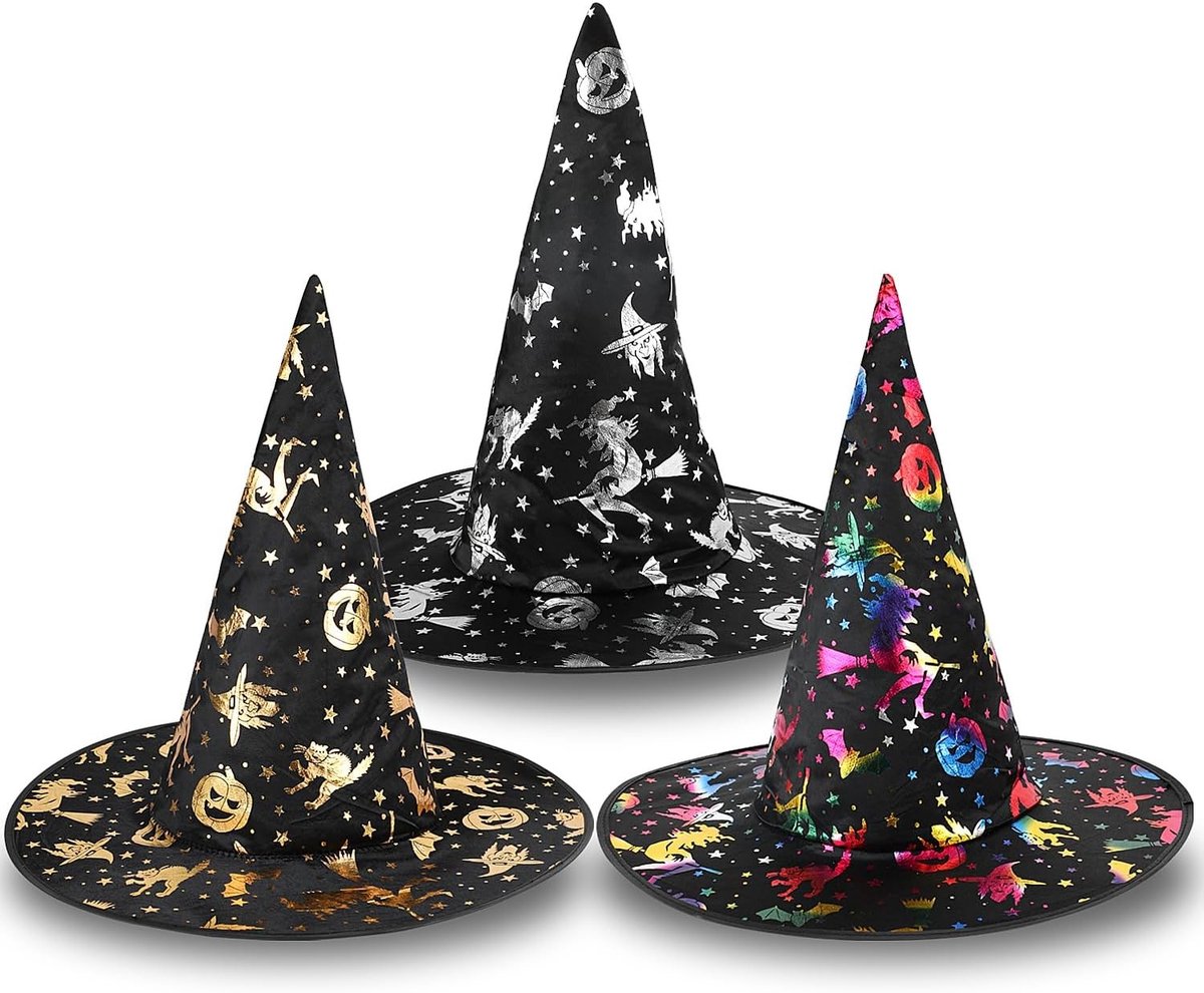 Halloween Hoedenset voor Heksen - 3 Stuks, Klassieke Heksenhoed, Kostuumaccessoires voor Feesten en Verkleedpartijen