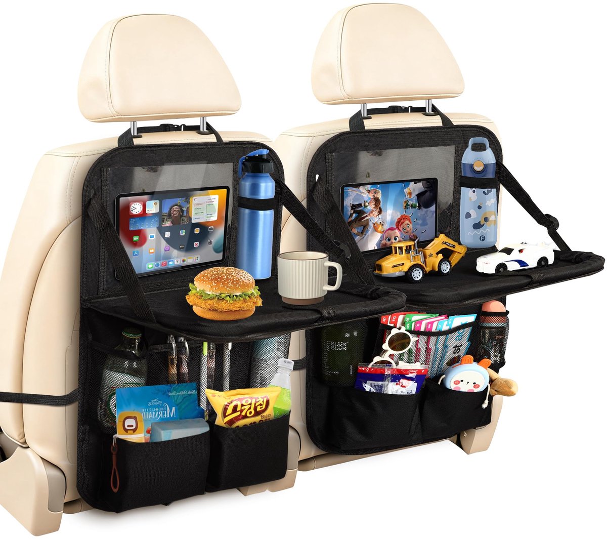 Autostoel Organizer 2-Pack - Zwart met Uitklapbaar Tafelblad - 10 Zakken - Ideaal voor Kinderen en Reizen - ShopVlot