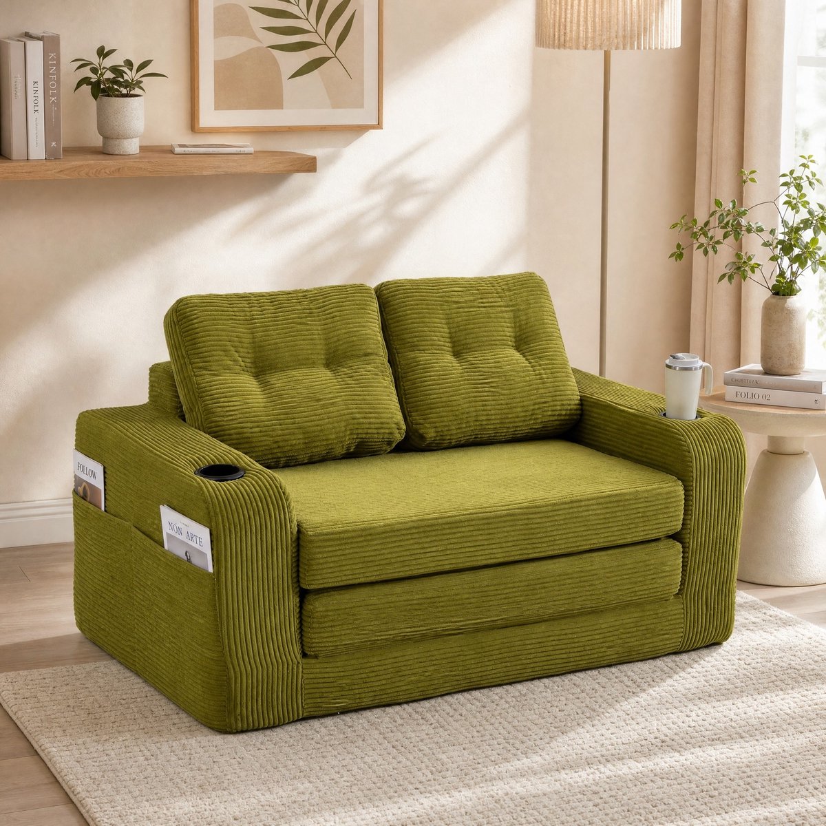 Wishdor Zitbank - Tweezits modulaire bank met bekerhouders en opbergvakken - Cordstof - Gestept patroon - Olijfgroen - Met zachte vulling - 136 x 80 x 82,5 cm
