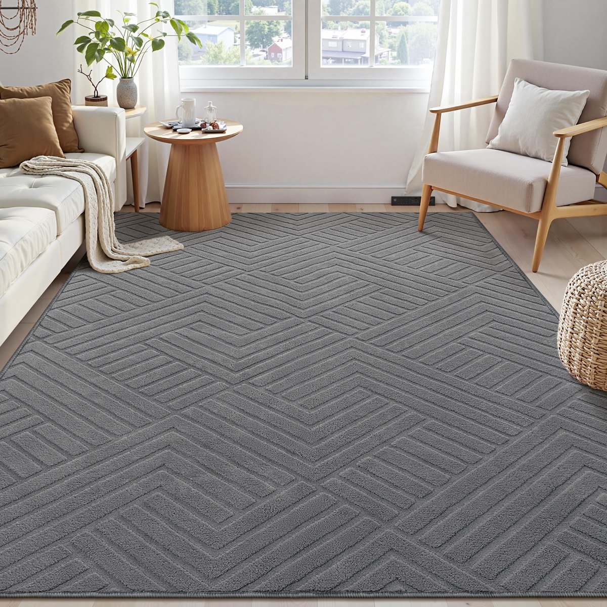 Vloerkleed 120 x 160 cm - modern grijs laagpolig - 3D-effect antislip - ideaal voor woonkamer - ShopVlot