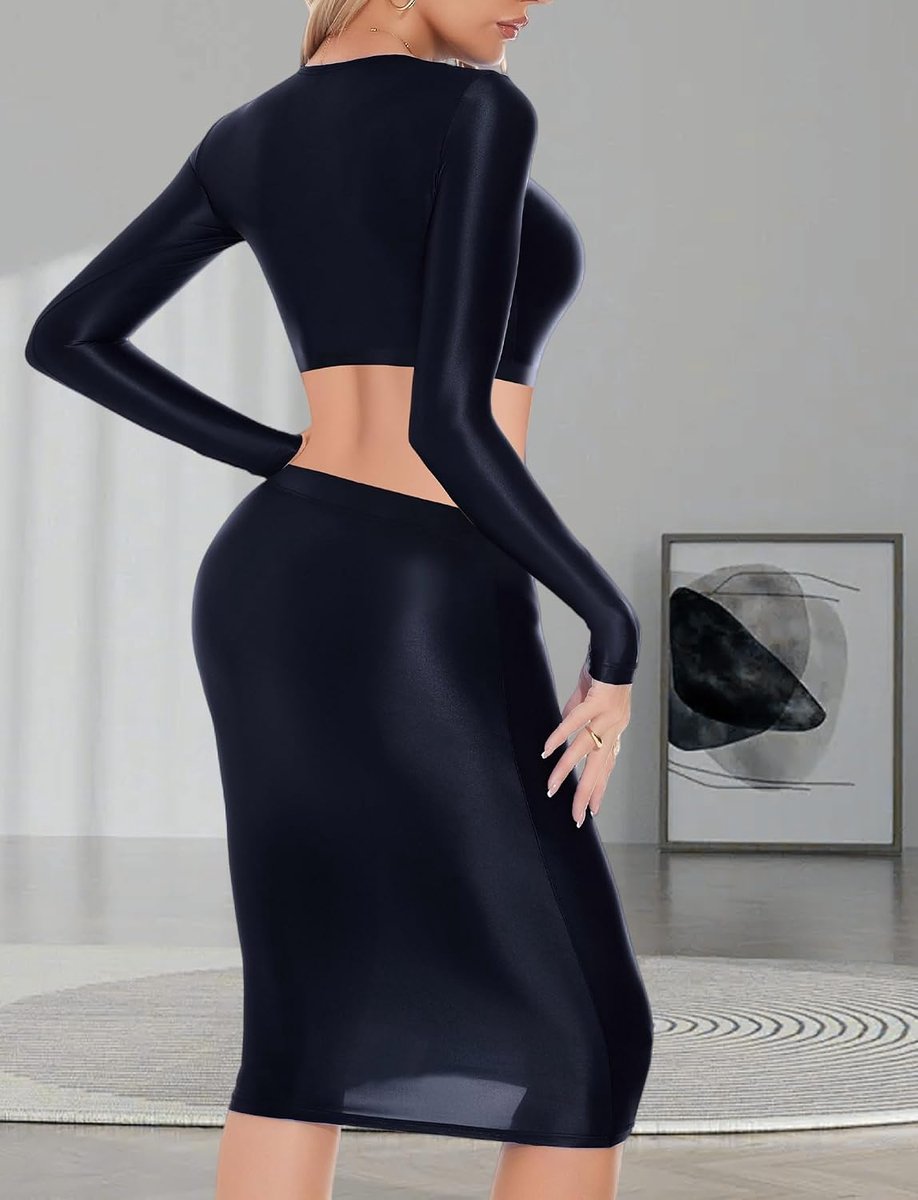 Women's Oil Shiny Top Skirt Set Long Sleeve Shiny Crop Top and Tight Skirt Two-Piece Plain Stretch Outfit Clubwear - ShopVlot