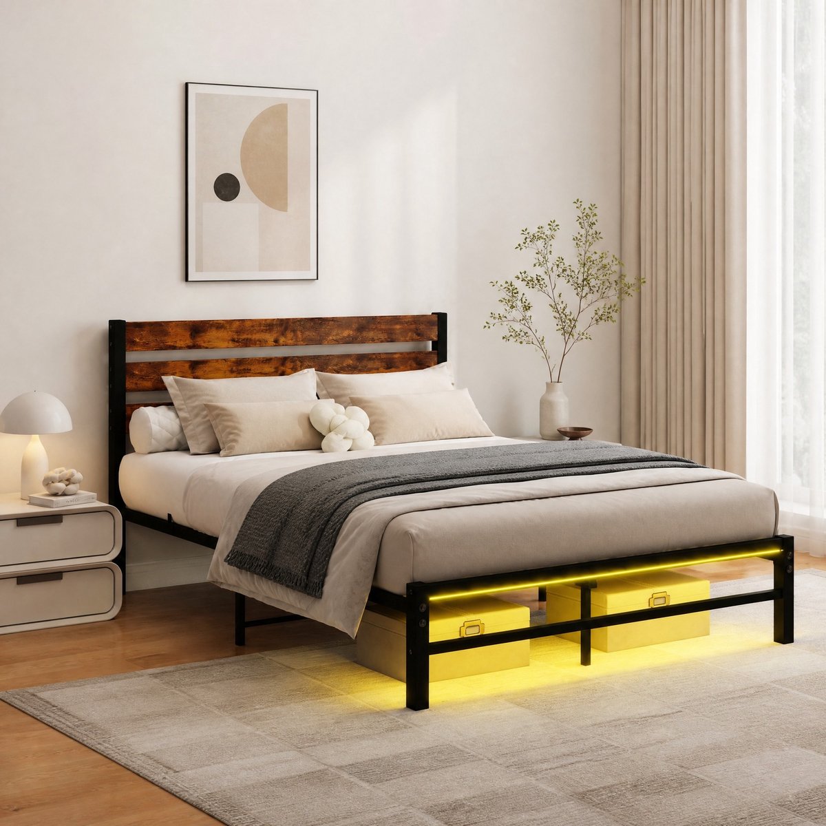Wishdor Bedframe 140x200 cm - LED-verlichting en USB-laadstation - Met opbergruimte - Metalen lattenbodem - Antiekbruin en zwart - Industriële stijl