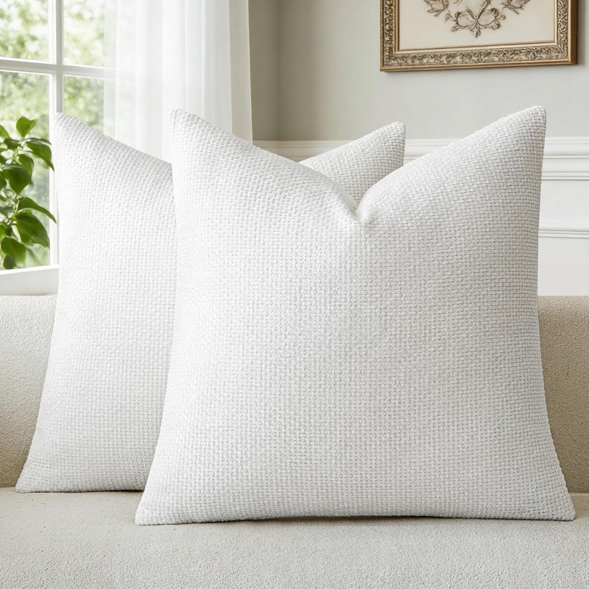 Kussenhoezen 50 x 50 cm - Chenille Wit - Set van 2 - Zacht en Pluizig - Voor Bank en Sofa - ShopVlot