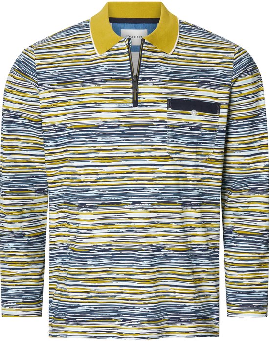 Poloshirt met lange mouwen, geel/blauw gestreept patroon, rits en borstzak.