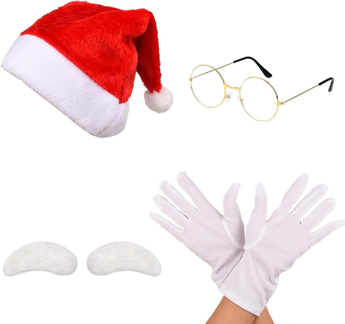 4-delig Kerstman Kostuum Set met Bril, Witte Wenkbrauwen, Handschoenen en Kerstmuts voor Cosplay en Feestdagen