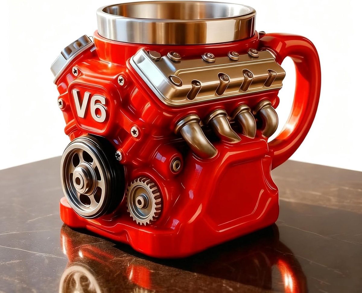 Casalora® Stalen Themacup V6 Motor – RVS Koffiemok met Warmte – isolerend Handvat – Gedetailleerd 3D Motor Ontwerp – kopje – Glas – Ideaal cadeau voor autofans, monteurs en vaders – Rood